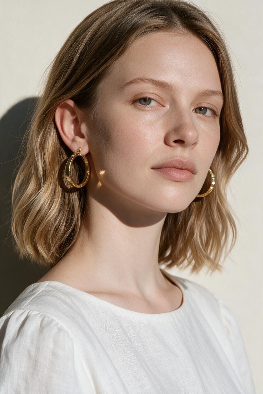 gold flat hoop earrings on model, wide band hoop earrings, medium gold hoop earrings, textured gold hoops, polished gold hoop earrings, modern hoop earrings, statement hoops, everyday gold hoops, minimalist hoop earrings, hoop earrings for bob hair, gift for her, linen summer style jewelry