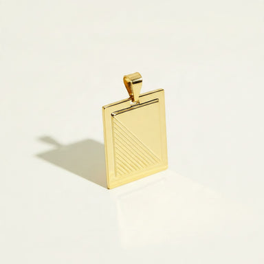 gold rectangle pendant, engraved tag pendant, geometric gold pendant, gold bar pendant, minimalist gold pendant, diagonal line pendant, rectangular tag charm, art deco pendant, modern gold pendant, everyday gold pendant, layering pendant, women’s gold pendant