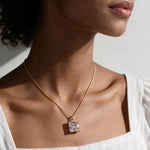 princess cut necklace on model, crystal solitaire pendant lifestyle, gold box chain necklace, square cut crystal necklace, statement pendant on model, layering necklace jewelry