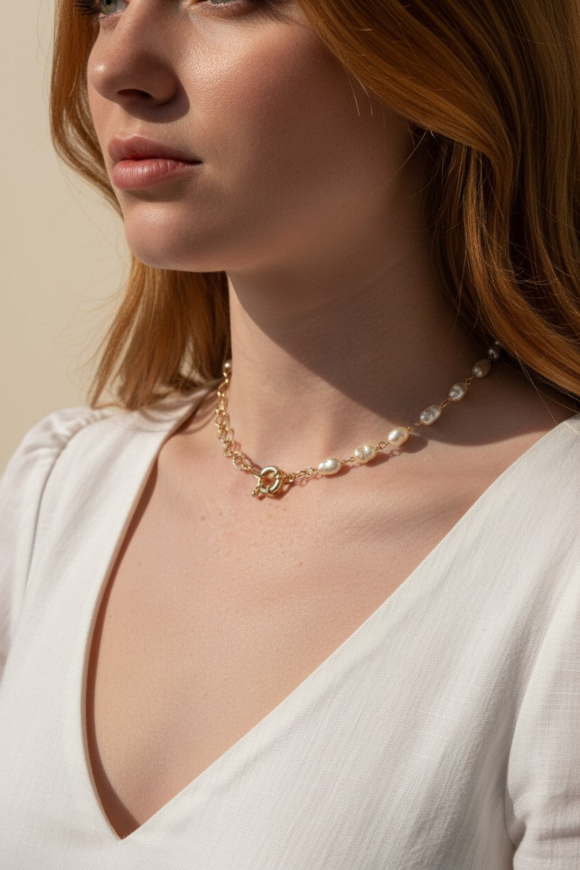 baroque pearl necklace, front toggle clasp necklace, freshwater pearl chain necklace, gold and pearl necklace on model, organic pearl necklace, statement clasp pearl necklace, dainty pearl choker, pearl necklace close-up