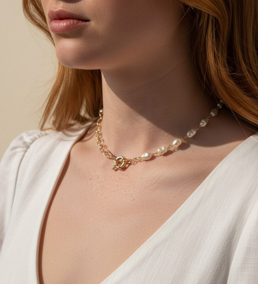 baroque pearl necklace, front toggle clasp necklace, freshwater pearl chain necklace, gold and pearl necklace on model, organic pearl necklace, statement clasp pearl necklace, dainty pearl choker, pearl necklace close-up