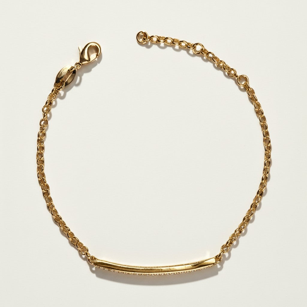 CZ bar bracelet flat lay, cubic zirconia bracelet detail, gold overlay bracelet construction, adjustable CZ bracelet clasp, sparkly bar bracelet, rolo chain CZ bracelet, minimalist gold bracelet, pave CZ bracelet closeup