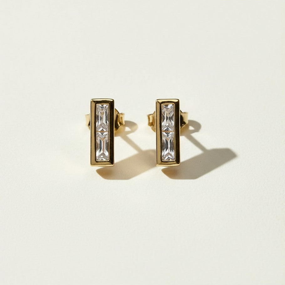 gold baguette bar earrings, geometric stud earrings, black baguette stud earrings, emerald bar stud earrings, clear crystal bar earrings, minimalist gold stud earrings, gold bar earrings colorways, small statement studs