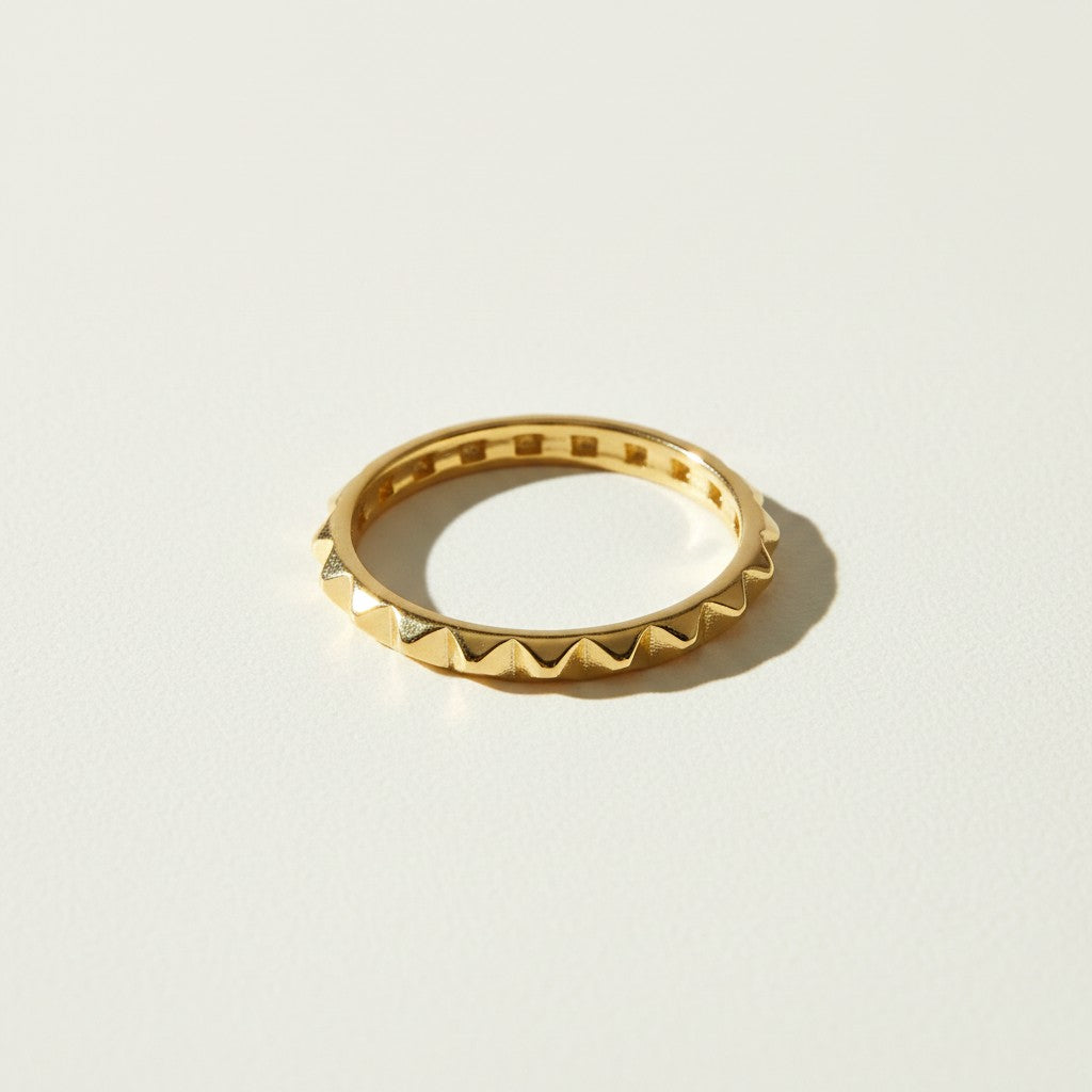 spiked band ring, gold zigzag ring, 18k gold overlay ring, stackable statement ring, geometric spike ring, edgy gold ring, textured gold band ring, pyramid stack ring