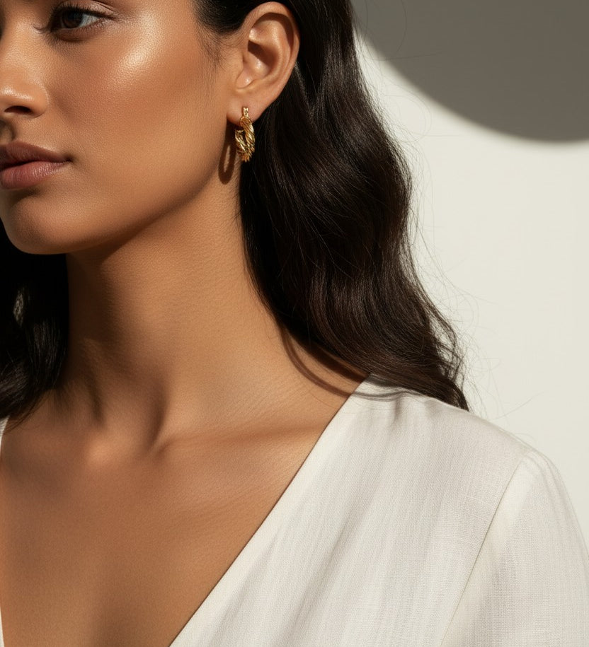 textured gold hoop earrings, feather texture hoops, 18K gold overlay hoops, small gold hoops on-model, sculptural hoop earrings, everyday gold hoops, organic texture earrings, chunky textured hoops