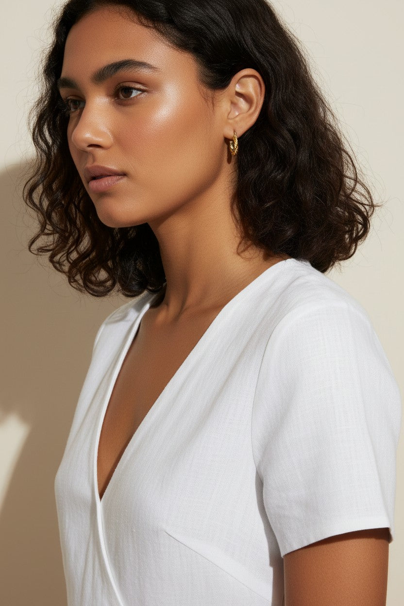 textured gold hoop earrings, feather texture hoops, 18K gold overlay hoops, small gold hoops on-model, sculptural hoop earrings, everyday gold hoops, organic texture earrings, chunky textured hoops