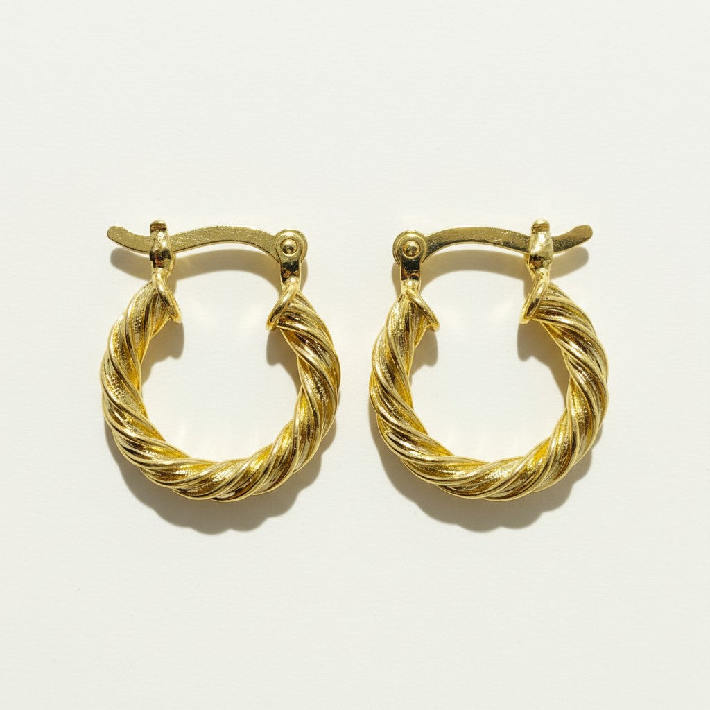 twisted rope hoop earrings, gold twist hoops, 18K gold overlay hoops, textured hoop earrings, small gold hoops, click top hoop earrings, rope texture earrings, hoop earrings two sizes