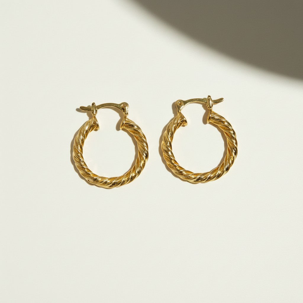 twisted rope hoop earrings, gold twist hoops, 18K gold overlay hoops, textured hoop earrings, small gold hoops, click top hoop earrings, rope texture earrings, hoop earrings two sizes