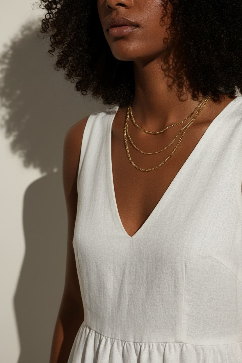 layered gold necklace, gold chain necklace set, curb chain necklace, beaded chain necklace, cable chain necklace, layering necklace set, everyday gold jewelry, on-model necklace photography