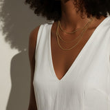 layered gold necklace, gold chain necklace set, curb chain necklace, beaded chain necklace, cable chain necklace, layering necklace set, everyday gold jewelry, on-model necklace photography