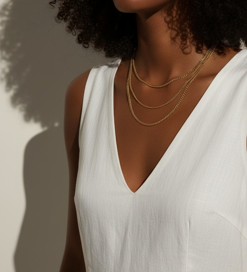 layered gold necklace, gold chain necklace set, curb chain necklace, beaded chain necklace, cable chain necklace, layering necklace set, everyday gold jewelry, on-model necklace photography