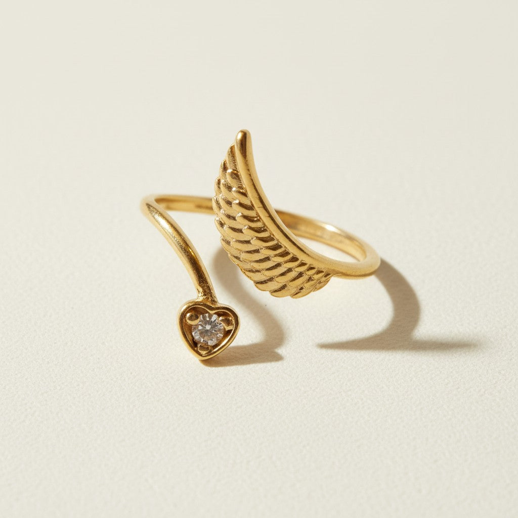 angel wing ring, wing and heart ring, cubic zirconia heart ring, open wrap ring gold, 18K gold overlay ring, adjustable statement ring, symbolic gold ring, angel wing jewelry