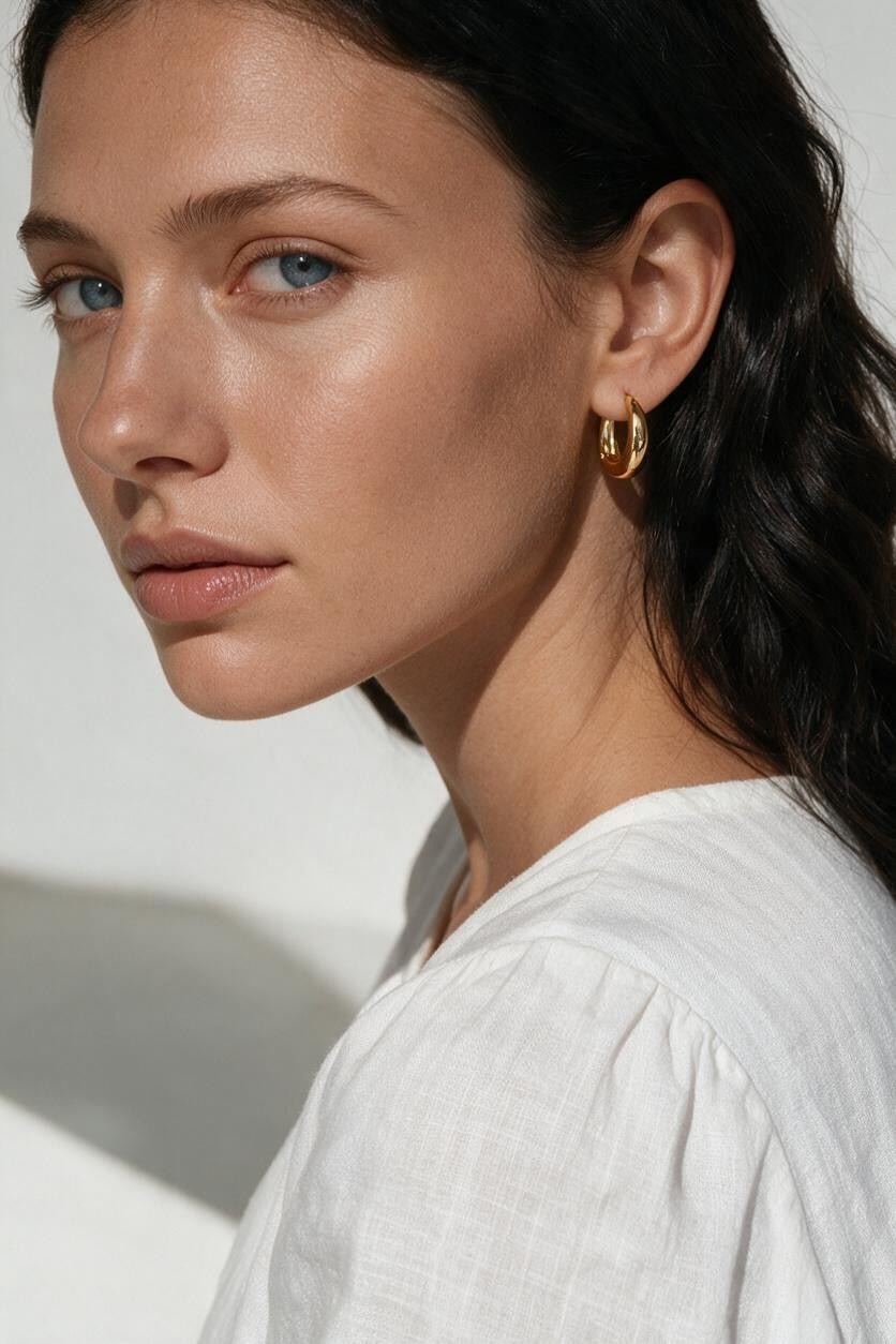 chunky gold huggie hoop earrings, gold dome hoop earrings, thick gold hoops, small gold hoop earrings, everyday gold hoops, polished gold huggies, lightweight chunky hoops, minimalist gold earrings, classic hoop earrings, earrings for stacking, gift for her, gold hoop earrings on model