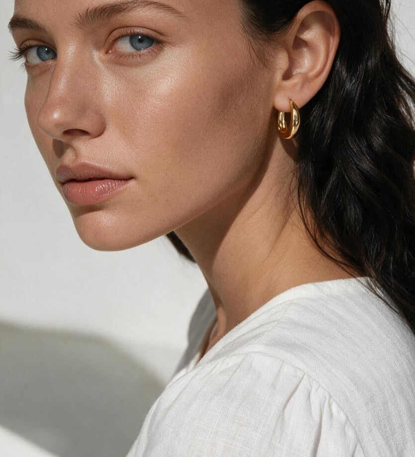 chunky gold huggie hoop earrings, gold dome hoop earrings, thick gold hoops, small gold hoop earrings, everyday gold hoops, polished gold huggies, lightweight chunky hoops, minimalist gold earrings, classic hoop earrings, earrings for stacking, gift for her, gold hoop earrings on model