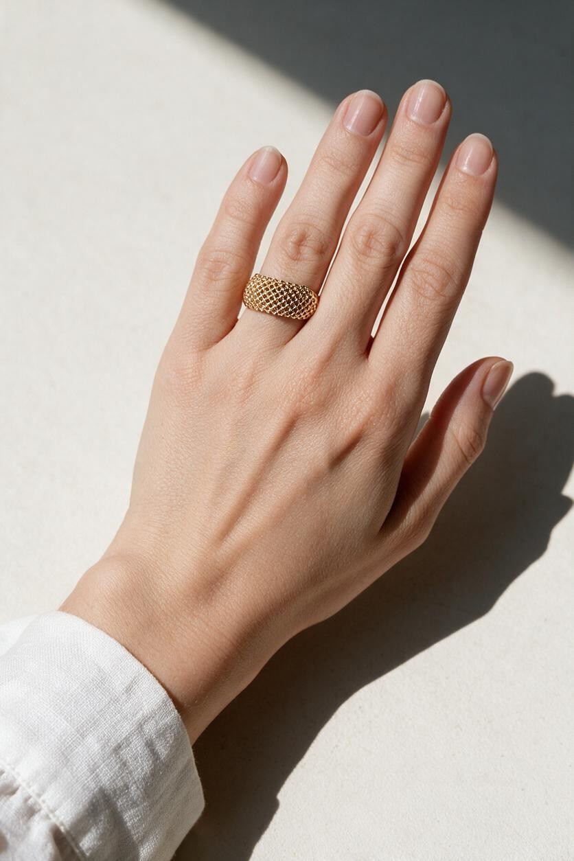 mesh dome ring on model, textured statement ring, perforated gold ring, split shank ring lifestyle, beaded texture ring on hand, sculptural gold ring, everyday statement jewelry