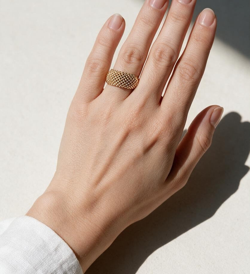 mesh dome ring on model, textured statement ring, perforated gold ring, split shank ring lifestyle, beaded texture ring on hand, sculptural gold ring, everyday statement jewelry