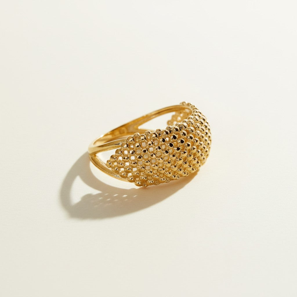 mesh dome ring, textured statement ring, perforated gold ring, split shank ring, beaded texture ring, sculptural dome ring, gold statement ring, lattice ring detail