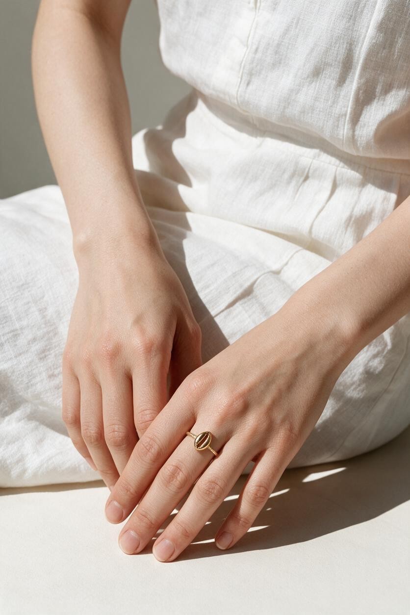 cowrie shell ring on model, gold cowrie ring on hand, shell motif ring, dainty gold ring lifestyle, minimalist stacking ring, beach jewelry ring styled, cowrie jewelry