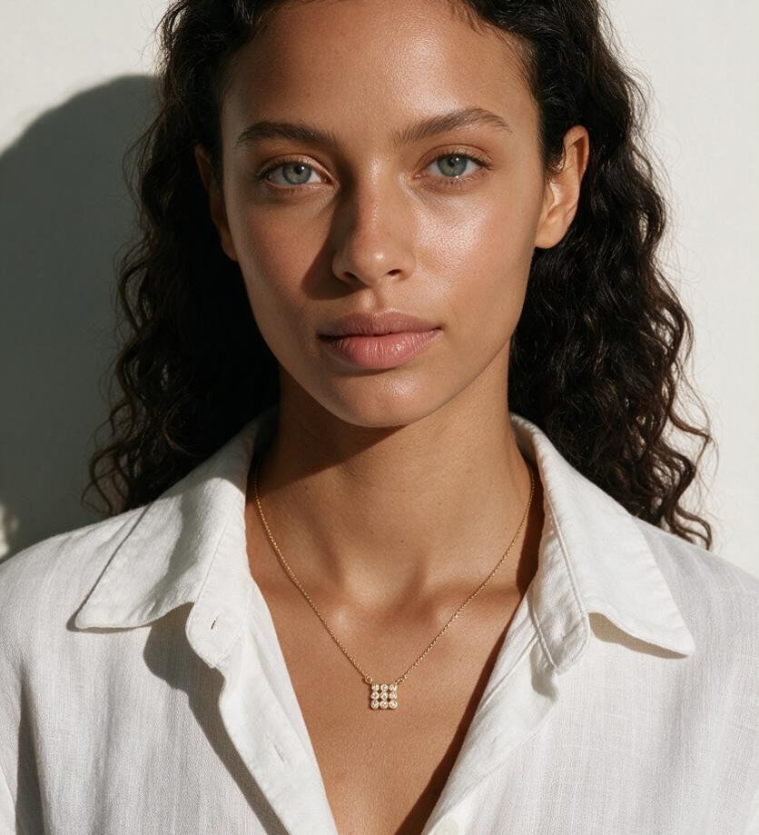 pave cluster pendant necklace, crystal pendant necklace gold, dainty pendant necklace, 18K gold overlay necklace, minimalist crystal necklace, sparkly pendant on-model, small pendant necklace, layering pendant necklace
