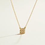 pave cluster pendant necklace, crystal pendant necklace detail, bezel set pendant, 18K gold overlay necklace, dainty crystal necklace, minimalist pendant necklace, sparkly pendant flat lay, cable chain necklace
