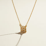 pave cluster pendant necklace, crystal pendant necklace detail, bezel set pendant, 18K gold overlay necklace, dainty crystal necklace, minimalist pendant necklace, sparkly pendant flat lay, cable chain necklace