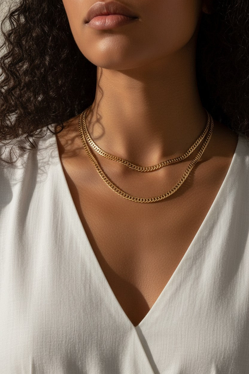 double layer curb chain necklace, layered gold necklace, curb link necklace, two-strand gold necklace, gold chain necklace, everyday layering necklace, statement chain necklace, on-model necklace photography