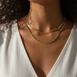 double layer curb chain necklace, layered gold necklace, curb link necklace, two-strand gold necklace, gold chain necklace, everyday layering necklace, statement chain necklace, on-model necklace photography