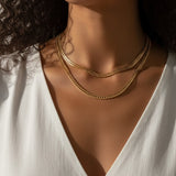 double layer curb chain necklace, layered gold necklace, curb link necklace, two-strand gold necklace, gold chain necklace, everyday layering necklace, statement chain necklace, on-model necklace photography