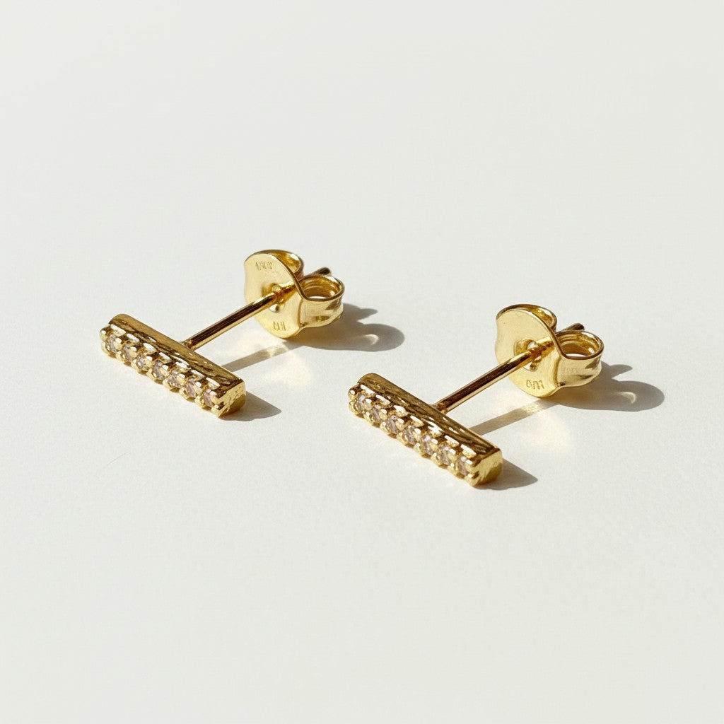 gold bar stud earrings, pavé bar earrings, crystal bar studs, minimalist bar earrings, cubic zirconia bar studs, dainty gold studs, linear stud earrings, everyday stud earrings, sparkle bar earrings, ear stack studs, small bar earrings, bridesmaid gift, gift for her