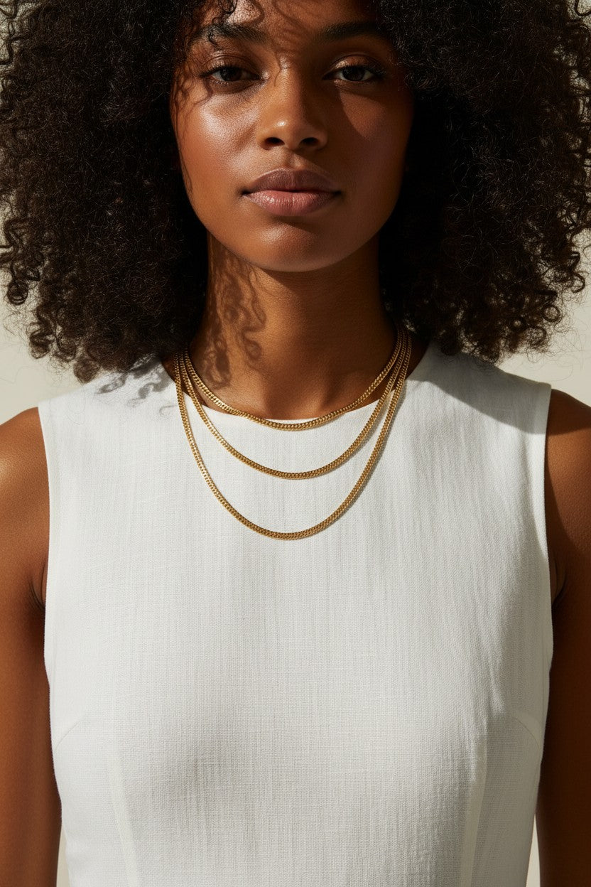 layered chain necklaces, gold chain stack, herringbone and curb chain layered, 18K gold overlay necklaces, layered necklace set on-model, mixed chain necklace stack, gold necklace layering, chain necklace trio
