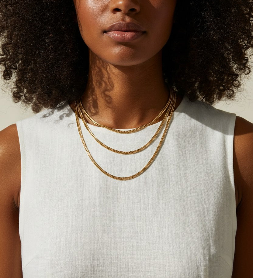 layered chain necklaces, gold chain stack, herringbone and curb chain layered, 18K gold overlay necklaces, layered necklace set on-model, mixed chain necklace stack, gold necklace layering, chain necklace trio
