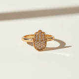 hamsa ring, pavé hamsa hand ring, crystal hamsa ring, gold hamsa jewelry, dainty symbol ring, protective charm ring, minimalist stacking ring, hamsa ring detail
