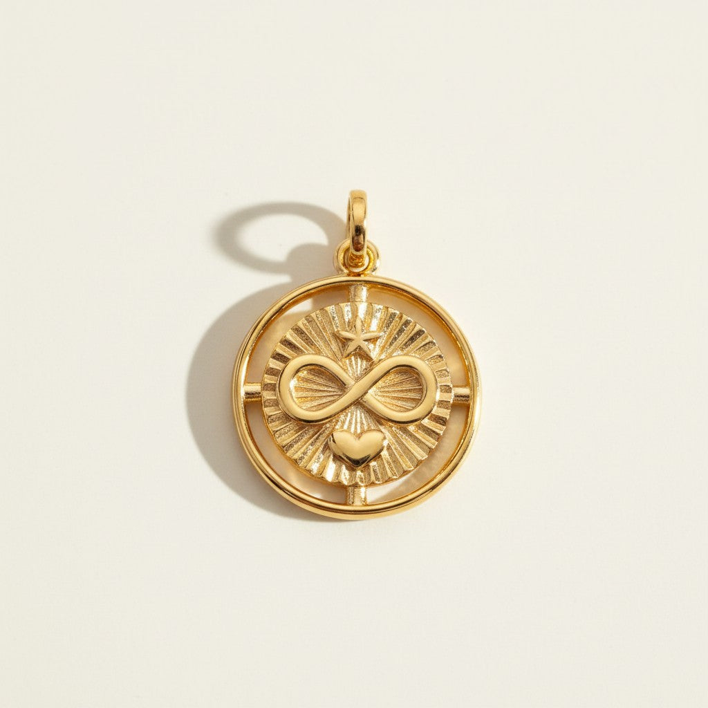 infinite love pendant, gold infinity necklace charm, sunburst coin pendant, gold medallion pendant, heart and infinity jewelry, Donna Italiana jewelry, hypoallergenic gold pendant, symbolic gold jewelry
