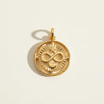 infinite love pendant, gold infinity necklace charm, sunburst coin pendant, gold medallion pendant, heart and infinity jewelry, Donna Italiana jewelry, hypoallergenic gold pendant, symbolic gold jewelry