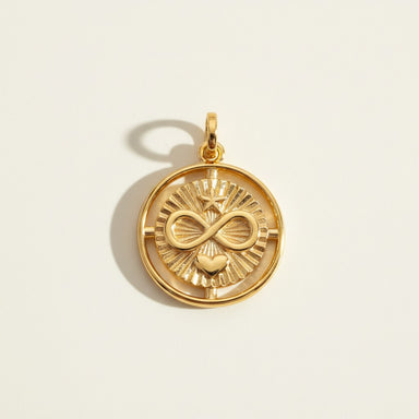 infinite love pendant, gold infinity necklace charm, sunburst coin pendant, gold medallion pendant, heart and infinity jewelry, Donna Italiana jewelry, hypoallergenic gold pendant, symbolic gold jewelry