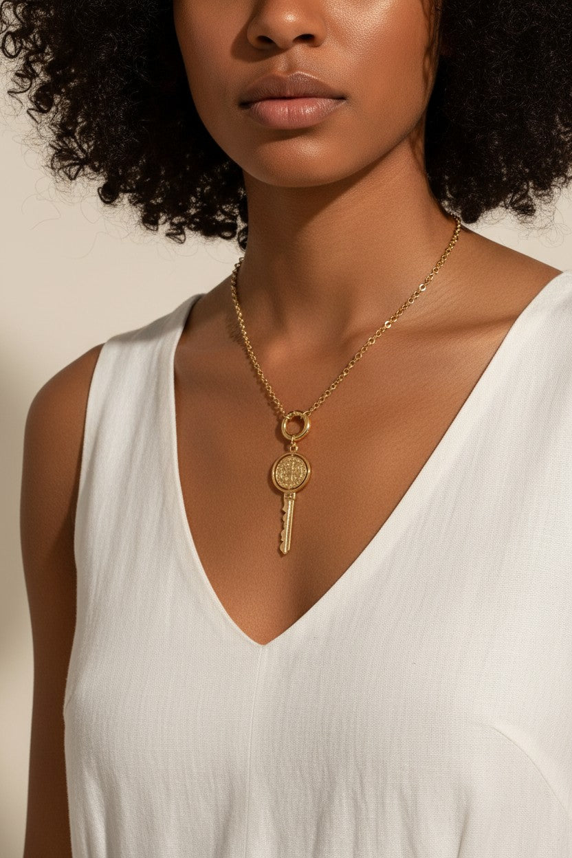 gold key necklace, saint medallion key pendant, religious key jewelry, statement gold necklace, symbolic pendant necklace, vintage medal key necklace, textured gold necklace, bold drop pendant