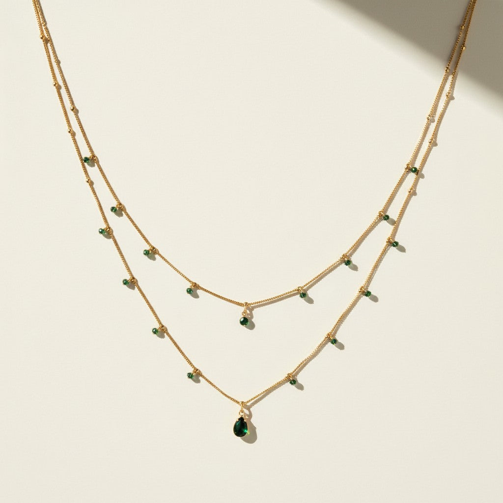layered gemstone necklace, multicolor beaded chain necklace, gold layered necklace set, gemstone drop pendant necklace, emerald pink black crystal necklace, dainty beaded necklace, layered necklace colorways, gold chain necklace detail