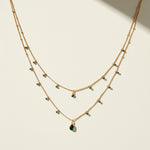 layered gemstone necklace, multicolor beaded chain necklace, gold layered necklace set, gemstone drop pendant necklace, emerald pink black crystal necklace, dainty beaded necklace, layered necklace colorways, gold chain necklace detail