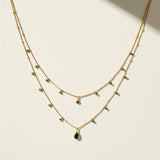 layered gemstone necklace, multicolor beaded chain necklace, gold layered necklace set, gemstone drop pendant necklace, emerald pink black crystal necklace, dainty beaded necklace, layered necklace colorways, gold chain necklace detail