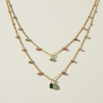 layered gemstone necklace, multicolor beaded chain necklace, gold layered necklace set, gemstone drop pendant necklace, emerald pink black crystal necklace, dainty beaded necklace, layered necklace colorways, gold chain necklace detail