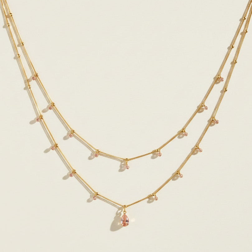 layered gemstone necklace, multicolor beaded chain necklace, gold layered necklace set, gemstone drop pendant necklace, emerald pink black crystal necklace, dainty beaded necklace, layered necklace colorways, gold chain necklace detail