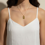 gold dog tag necklace, diagonal stripe pendant necklace, gold tag necklace, minimalist gold necklace, layering necklace, geometric pendant necklace, high polish gold jewelry, everyday gold necklace