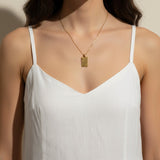 gold dog tag necklace, diagonal stripe pendant necklace, gold tag necklace, minimalist gold necklace, layering necklace, geometric pendant necklace, high polish gold jewelry, everyday gold necklace