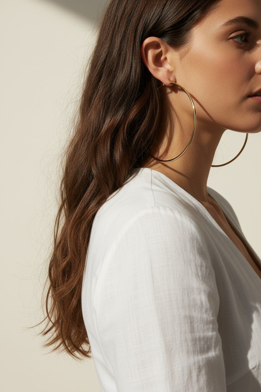 This pair of large gold hoop earrings features a smooth, uninterrupted circular silhouette crafted from a sleek round wire, offering a timeless, versatile shape that works for both everyday wear and dressed-up occasions. The hoops close securely with a hinged snap-back mechanism, ensuring a comfortable, secure fit at the earlobe. Photographed from multiple angles against a clean, neutral background, the dramatic diagonal shadow and bright directional lighting highlight the hoops' polished, reflective gold f