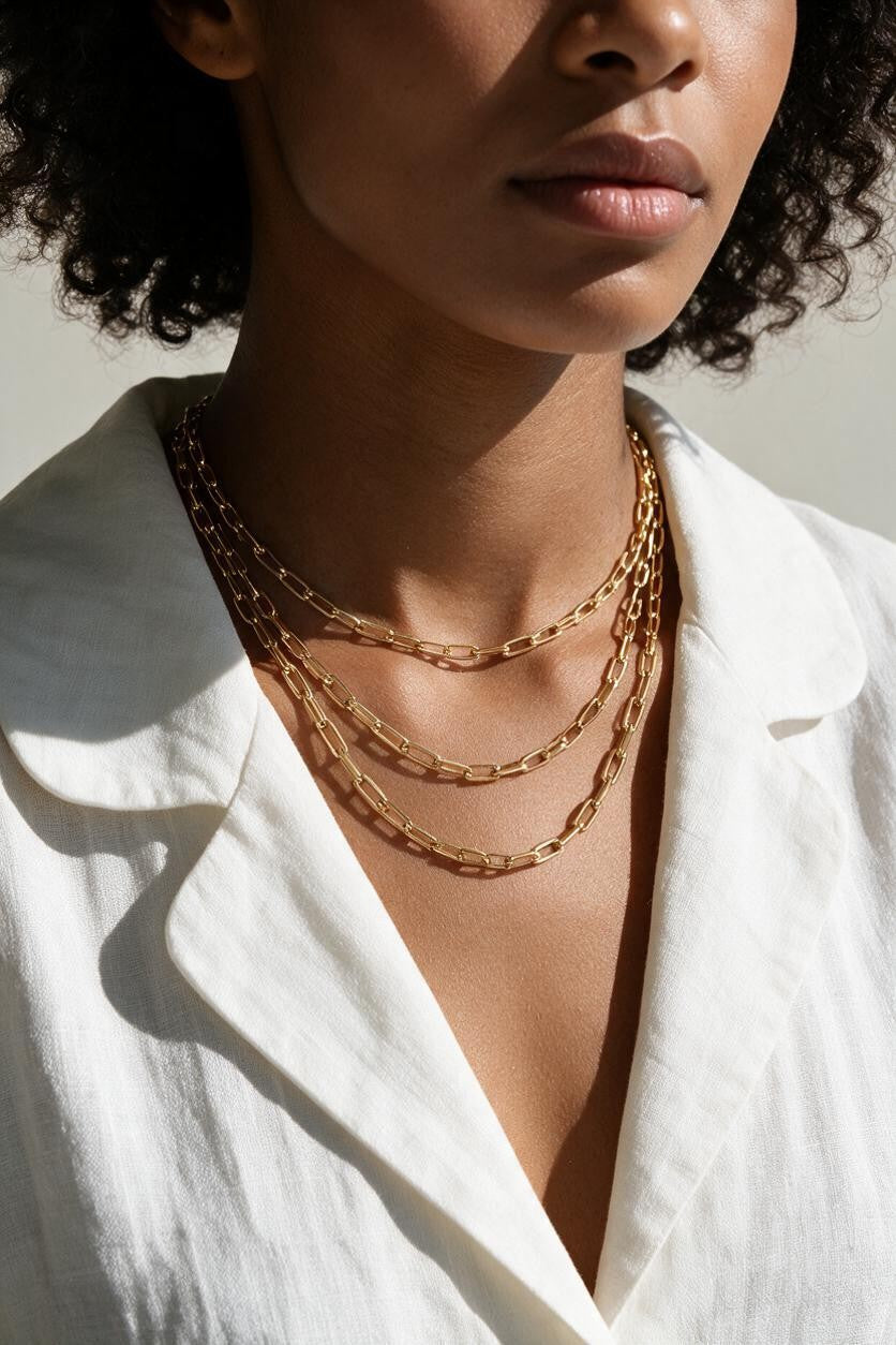layered paperclip chain necklace, gold paperclip necklace on model, layered gold chains, paperclip link chain set, chunky chain layering, graduated length necklaces, everyday gold chain stack