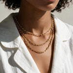 layered paperclip chain necklace, gold paperclip necklace on model, layered gold chains, paperclip link chain set, chunky chain layering, graduated length necklaces, everyday gold chain stack