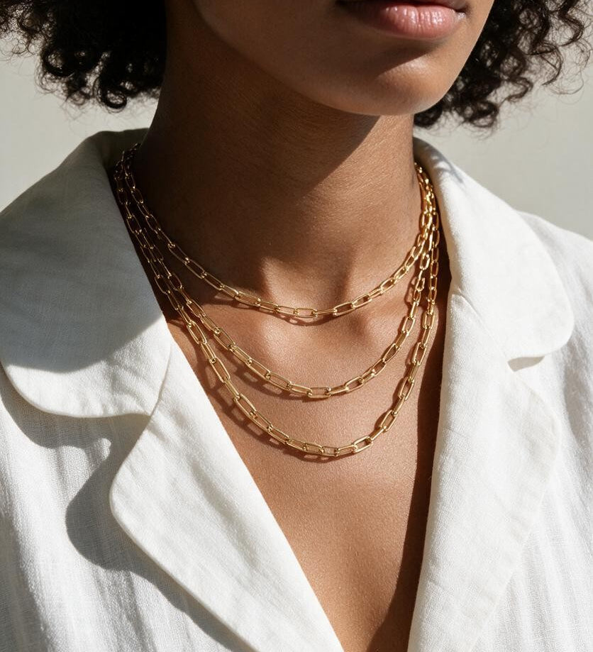 layered paperclip chain necklace, gold paperclip necklace on model, layered gold chains, paperclip link chain set, chunky chain layering, graduated length necklaces, everyday gold chain stack