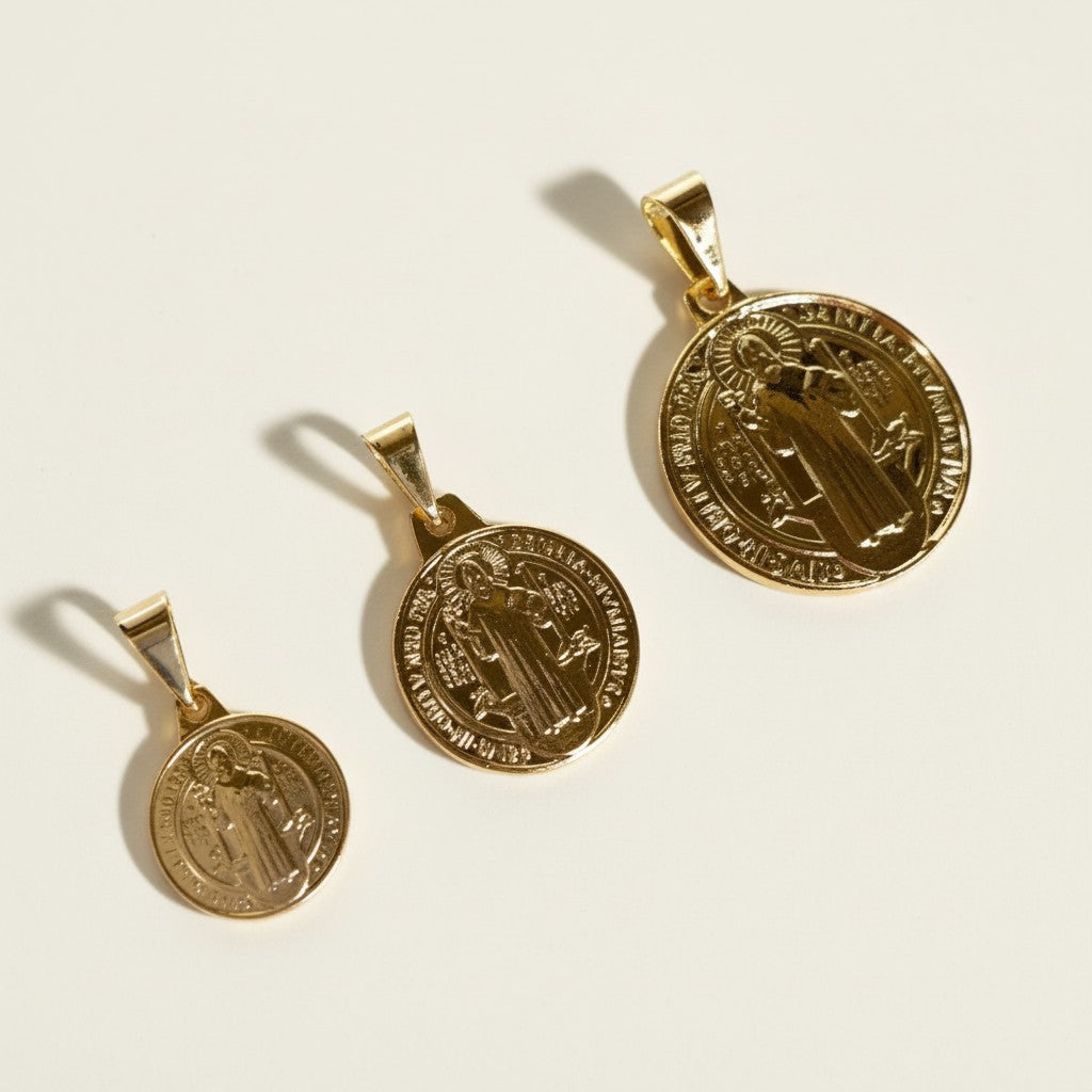Saint Benedict medal, St Benedict pendant, gold medal pendant, religious medal necklace, Catholic medal pendant, round medal charm, protection pendant, gold saint medal, Benedictine medal, medal necklace for her, baptism gift, confirmation gift, first communion gift