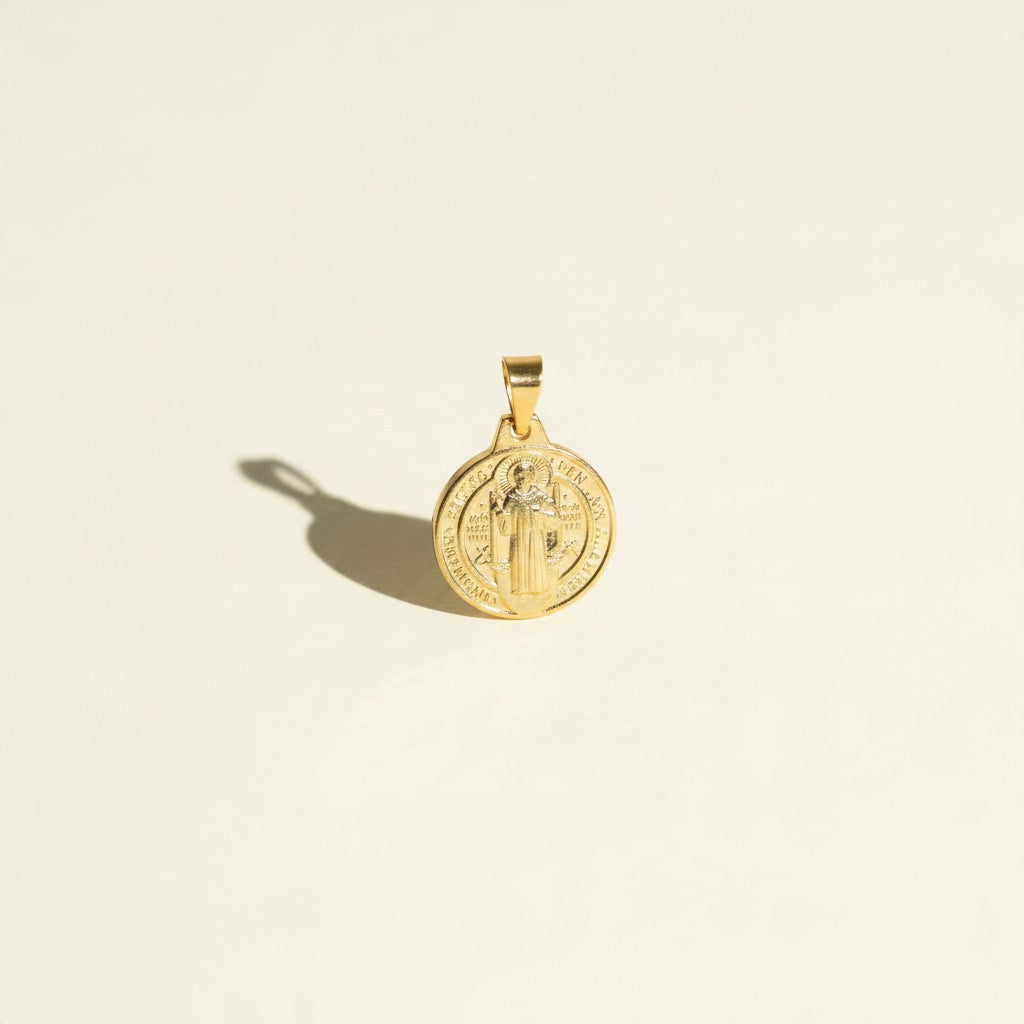 Saint Benedict medal, St Benedict pendant, gold medal pendant, religious medal necklace, Catholic medal pendant, round medal charm, protection pendant, gold saint medal, Benedictine medal, medal necklace for her, baptism gift, confirmation gift, first communion gift