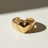 heart signet ring, gold heart ring, chunky heart ring, adjustable open ring, textured gold ring, dome band heart ring, statement heart jewelry, 18k gold overlay ring